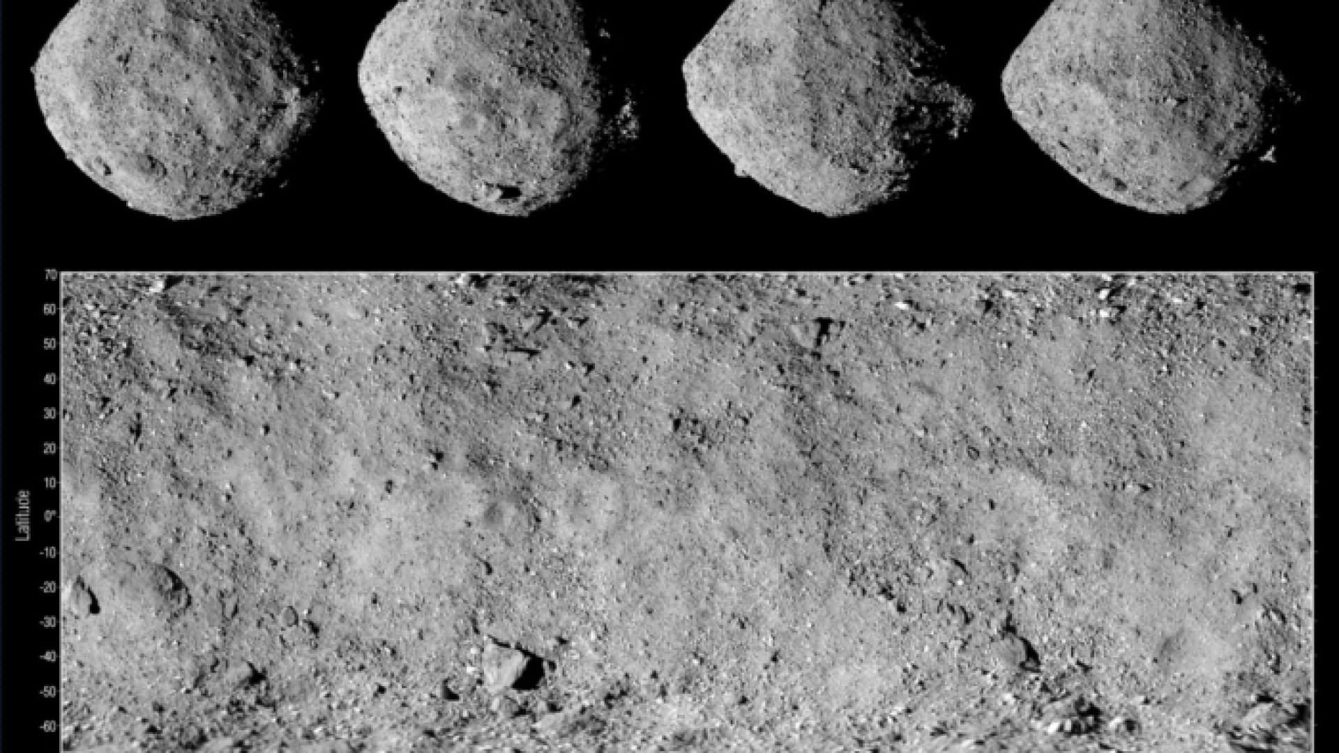 Questa immagine mostra quattro viste dell'asteroide Bennu insieme al corrispondente mosaico globale. Le immagini sono state scattate il 2 dicembre 2018 dalla fotocamera PolyCam della navicella spaziale OSIRIS-Rex. Strumento utilizzato: OCAMS (PolyCam). Ph. Credit: NASA -  OSIRIS-REx.