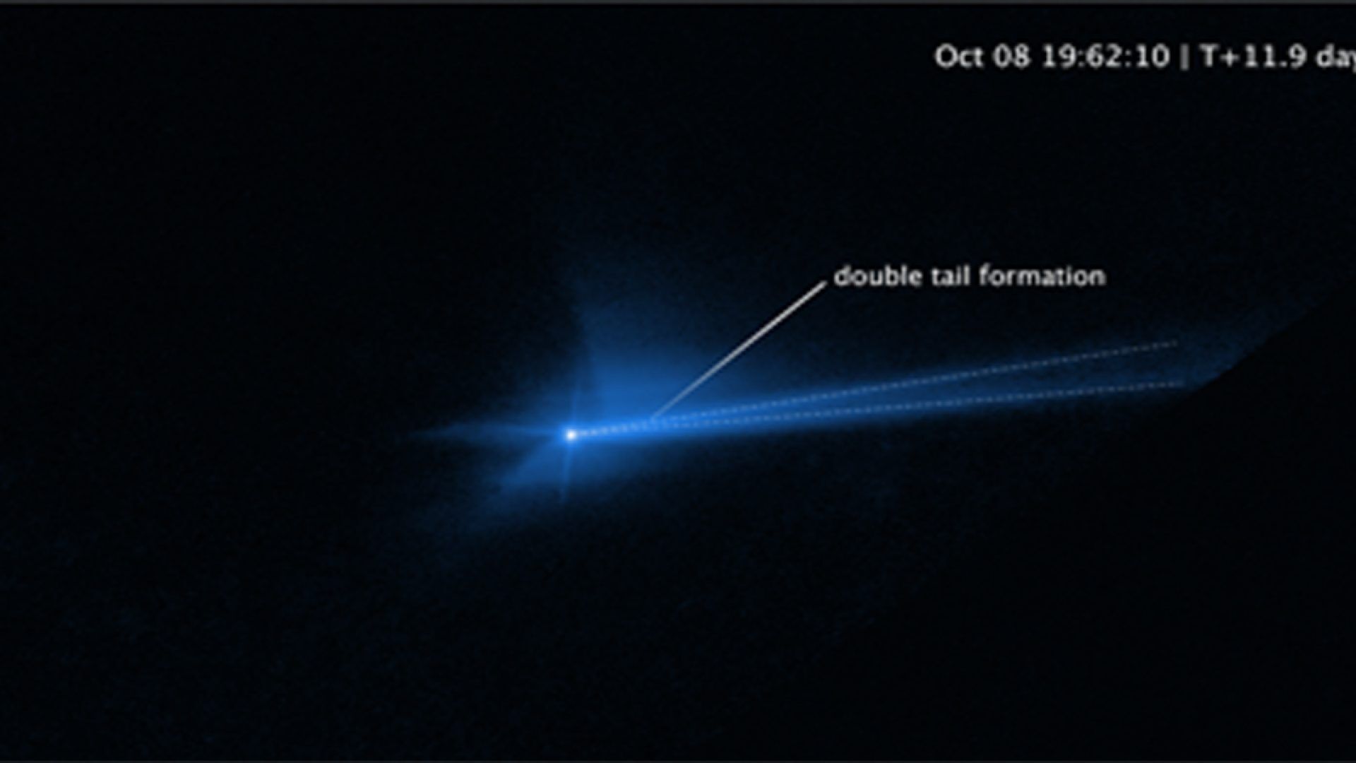 Il telescopio spaziale Hubble ha catturano la collisione tra l'asteroide Dimorphos quando ed il veicolo spaziale della missione Double Asteroid Redirection Test (DART) della NASA, il 26 settembre 2022. Ph. Credit: NASA, ESA, STScI e Jian-Yang Li (PSI); Elaborazione delle immagini: Joseph DePasquale (STScI)